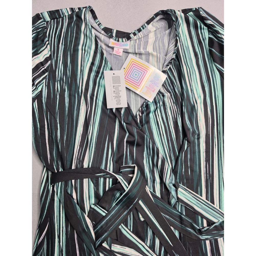 LuLaRoe Wrap Dress Women's Small Green Black Striped Tie Waist 3/4 Sleeve Casual - Picture 3 of 7